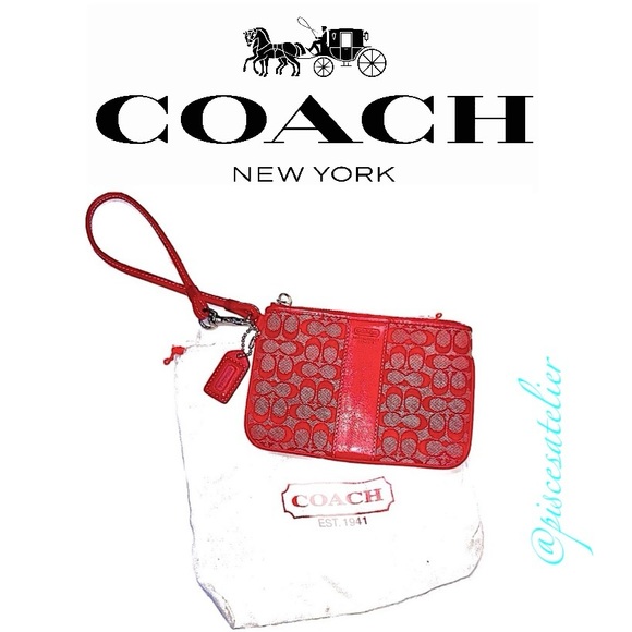 Vintage New Coach Red Signature Logo Leather & Canvas Wristlet with Duster Bag. - Picture 2 of 13